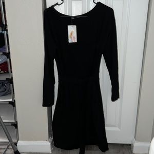 Pretty Garden Stretchy Black MIDI Dress Tie Waist M/L